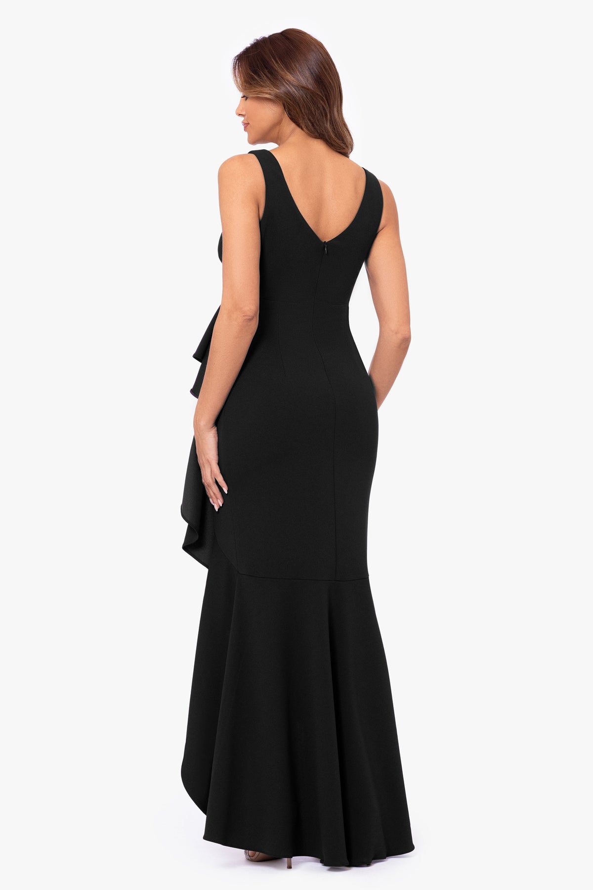Betsy & Adam Petite "Candace" V-Neck Hi Low Cascade Dress - Black