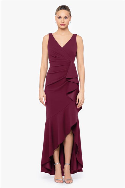 Betsy & Adam Petite "Candace" V-Neck Hi Low Cascade Dress - Black