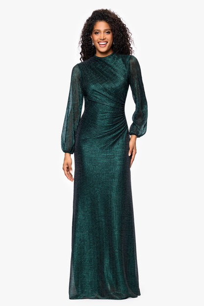 Betsy & Adam Petite "Jayline" Metallic Long Sleeve Dress - Black/Emerald