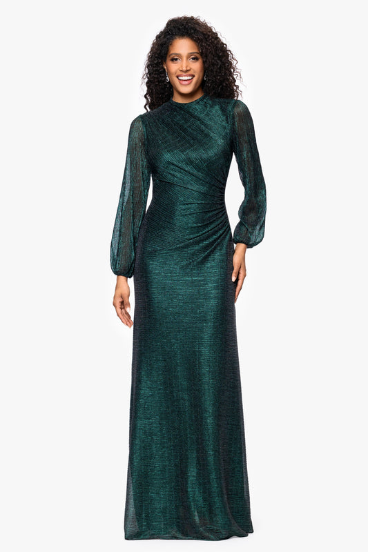 Betsy & Adam Petite "Jayline" Metallic Long Sleeve Dress - Black/Emerald