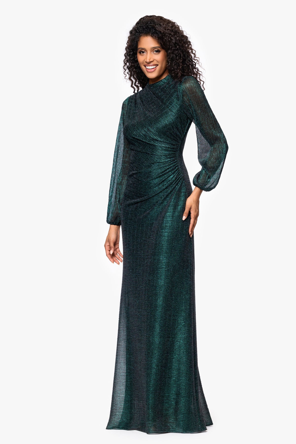 Betsy & Adam Petite "Jayline" Metallic Long Sleeve Dress - Black/Emerald