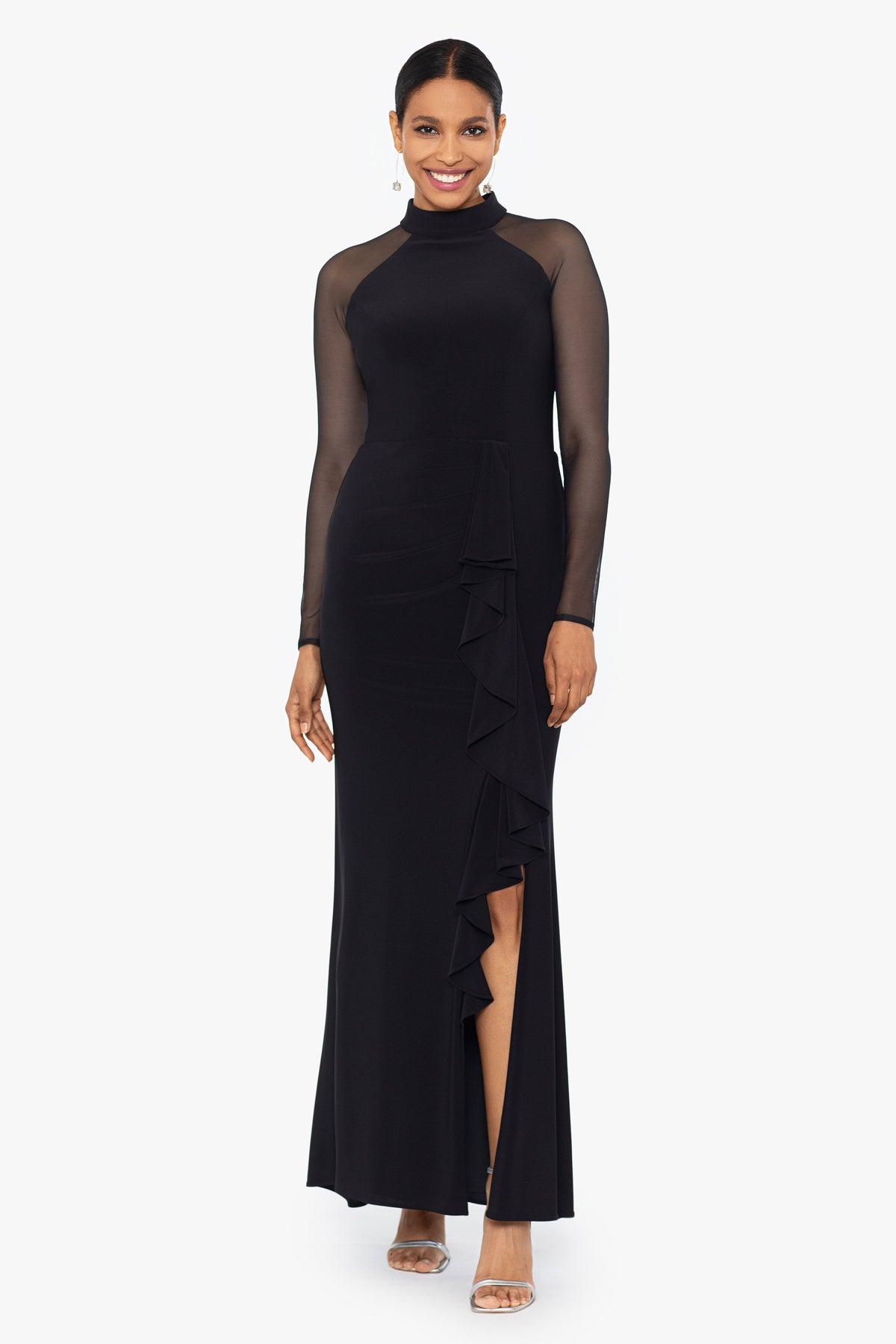 Betsy & Adam "Natalie" Scuba Crepe Mesh Sleeve Dress - Black