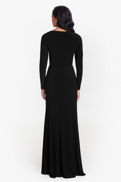 Betsy & Adam "Elle" Jersey Knit Long Sleeve Side Slit Dress - Black