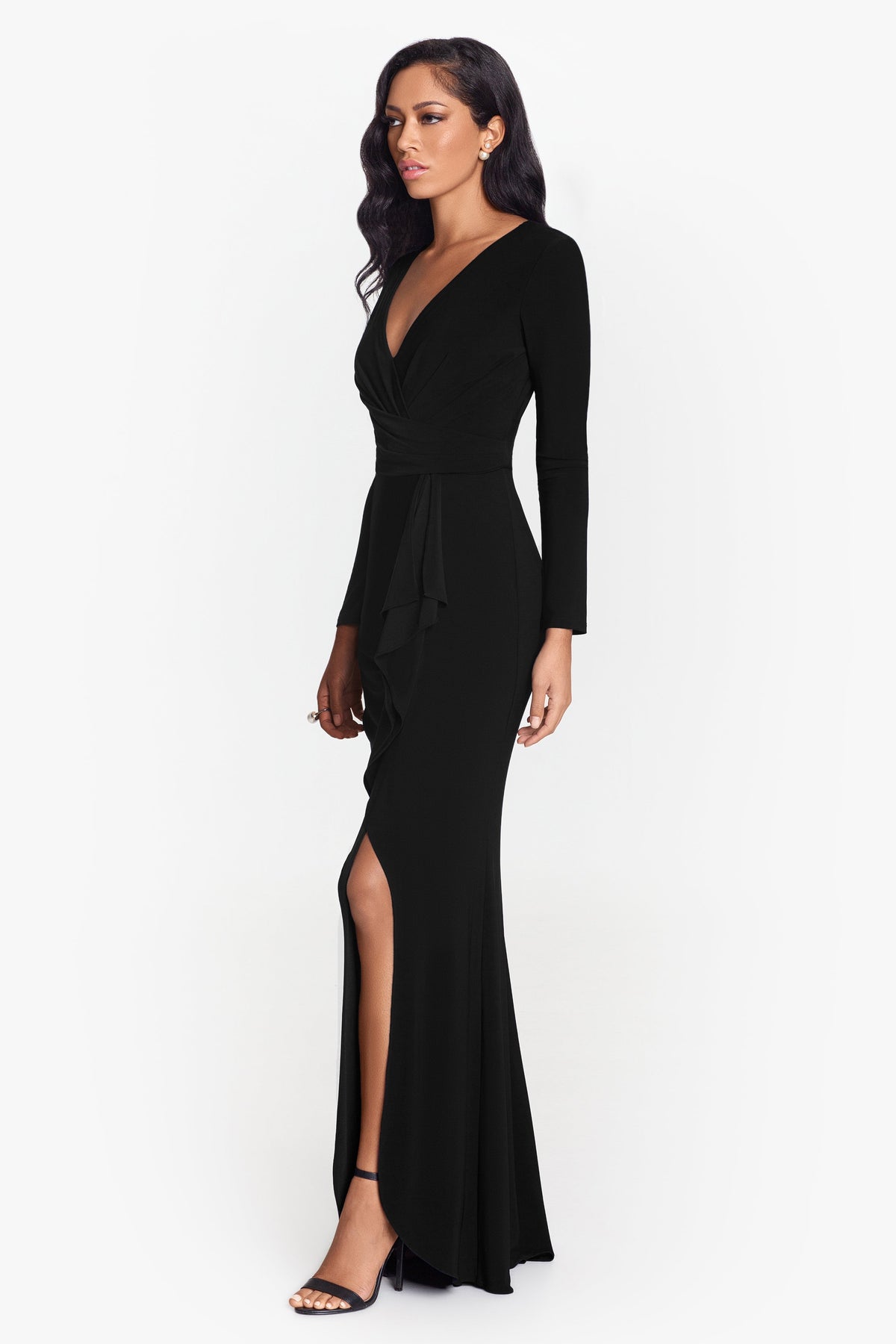 Betsy & Adam "Elle" Jersey Knit Long Sleeve Side Slit Dress - Black