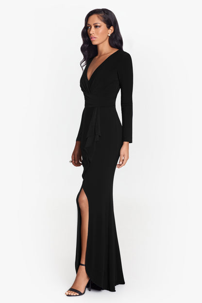 Betsy & Adam "Elle" Jersey Knit Long Sleeve Side Slit Dress - Black