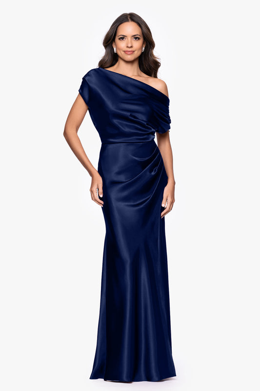Betsy & Adam Petite “Sofia” Satin Drop Shoulder Dress - Navy