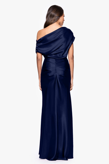 Betsy & Adam Petite “Sofia” Satin Drop Shoulder Dress - Navy