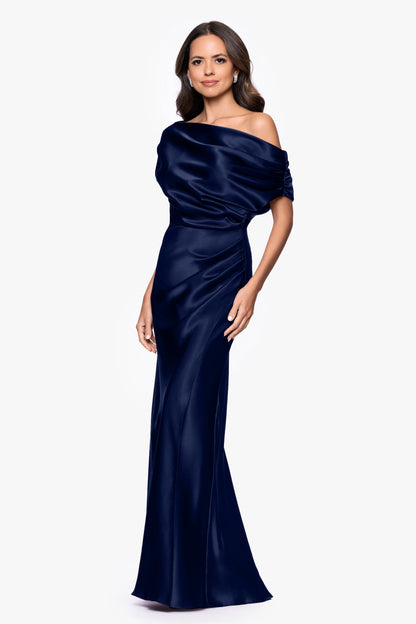 Betsy & Adam Petite “Sofia” Satin Drop Shoulder Dress - Navy