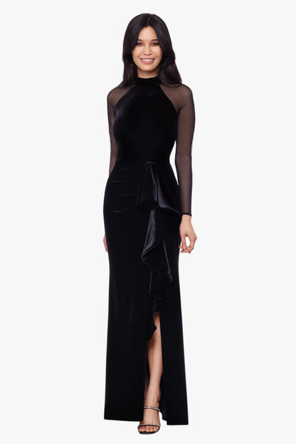 Betsy & Adam Petite "Valentina" Velvet Mesh Illusion Sleeve Dress - Black