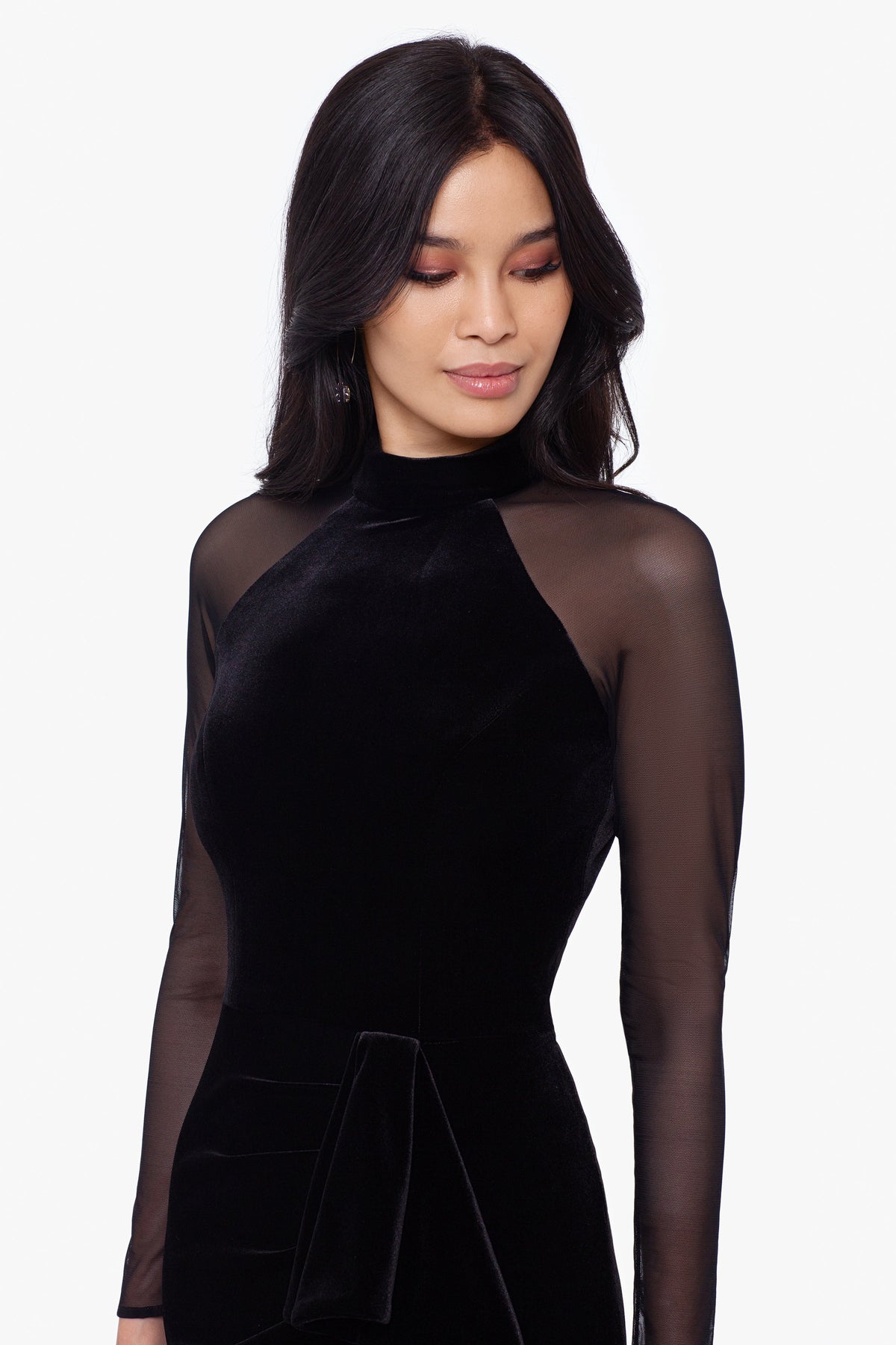 Betsy & Adam Petite "Valentina" Velvet Mesh Illusion Sleeve Dress - Black