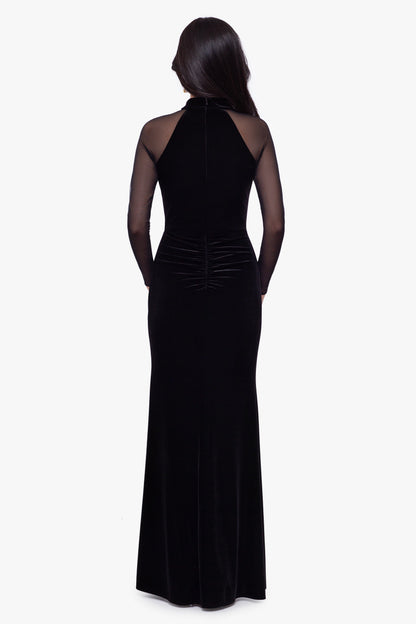 Betsy & Adam Petite "Valentina" Velvet Mesh Illusion Sleeve Dress - Black