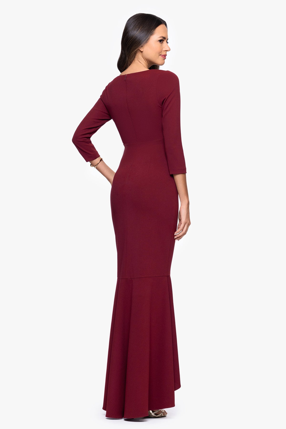 Betsy & Adam "Pauline" Scuba Crepe 3/4 Sleeve Ruffle Dress - Bordeaux
