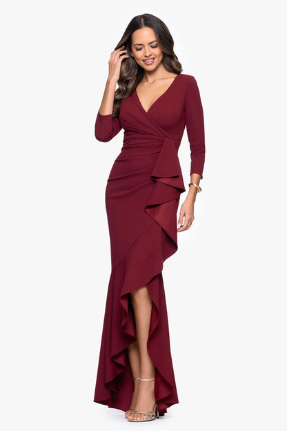 Betsy & Adam "Pauline" Scuba Crepe 3/4 Sleeve Ruffle Dress - Bordeaux