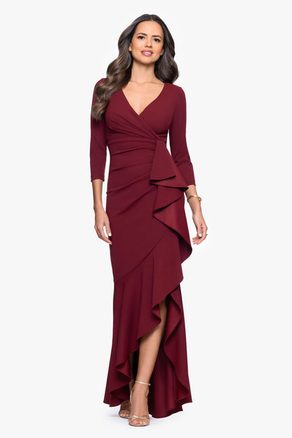 Betsy & Adam "Pauline" Scuba Crepe 3/4 Sleeve Ruffle Dress - Bordeaux