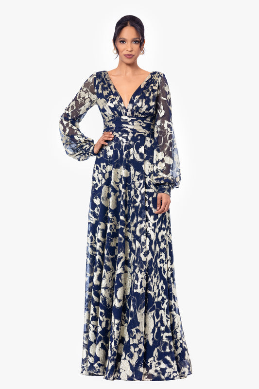 Betsy & Adam "Annabelle" Metallic Foil Long Mesh Sleeve Dress - Navy/Gold
