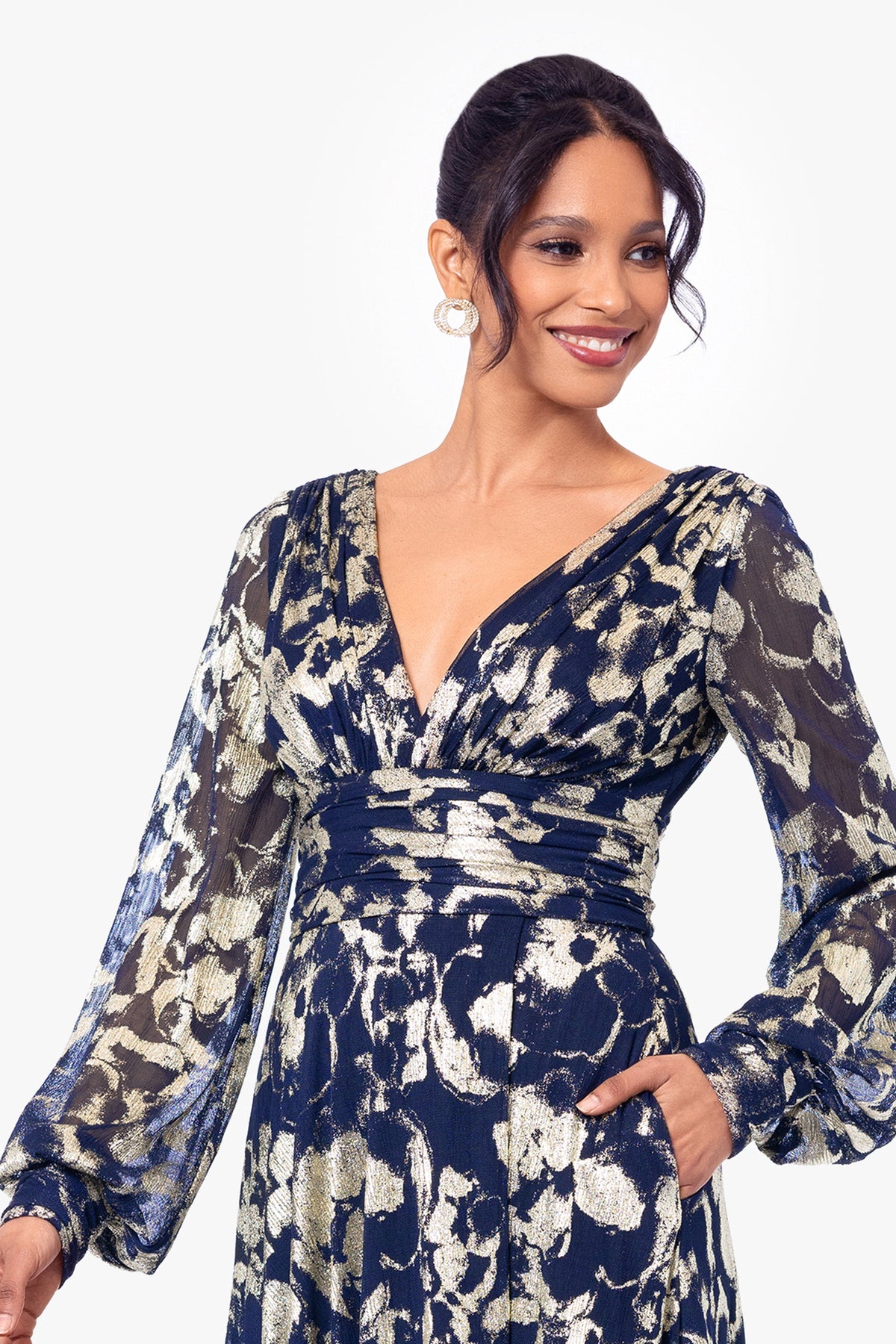 Betsy & Adam "Annabelle" Metallic Foil Long Mesh Sleeve Dress - Navy/Gold
