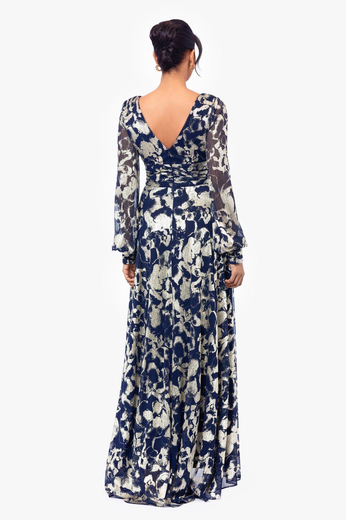 Betsy & Adam "Annabelle" Metallic Foil Long Mesh Sleeve Dress - Navy/Gold
