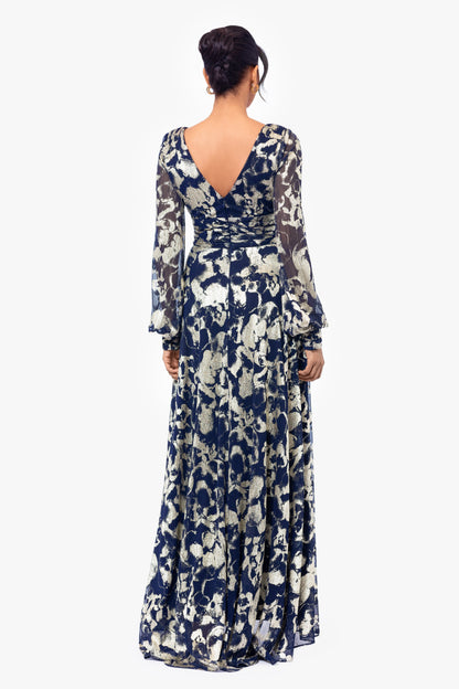 Betsy & Adam "Annabelle" Metallic Foil Long Mesh Sleeve Dress - Navy/Gold