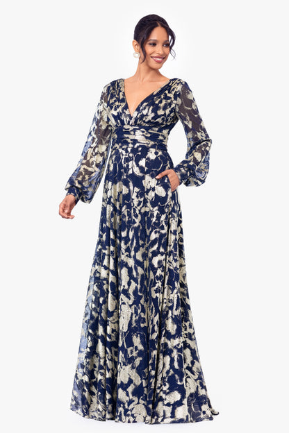 Betsy & Adam "Annabelle" Metallic Foil Long Mesh Sleeve Dress - Navy/Gold