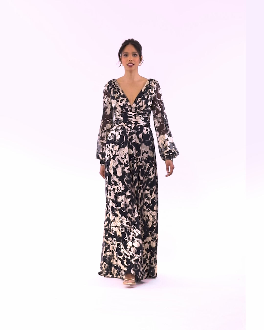 Betsy & Adam "Annabelle" Metallic Foil Long Mesh Sleeve Dress - Navy/Gold