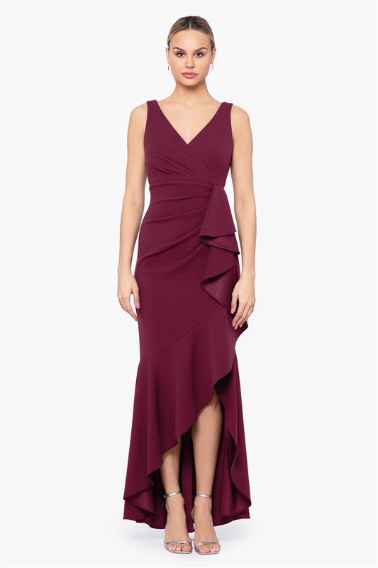 Betsy & Adam Petite "Candace" V-Neck Hi Low Cascade Dress - Bordeaux