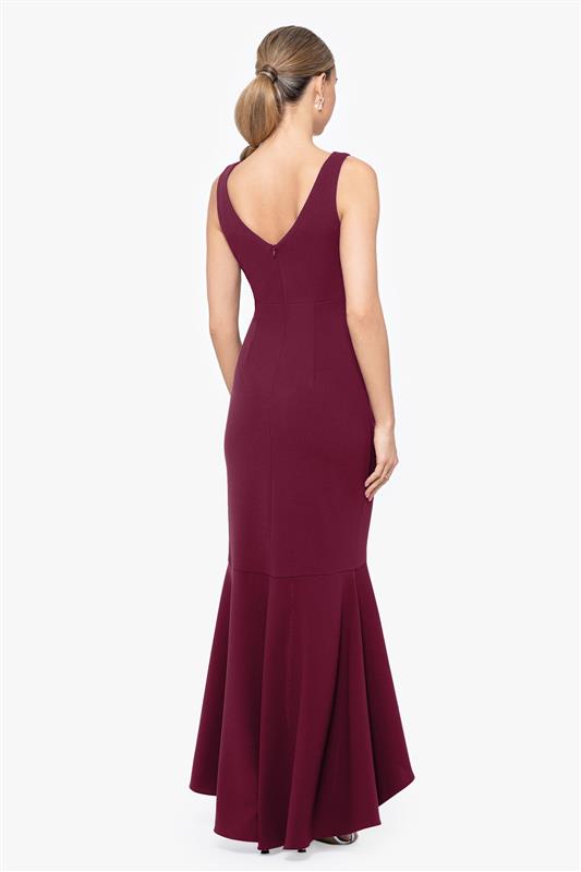 Betsy & Adam Petite "Candace" V-Neck Hi Low Cascade Dress - Bordeaux
