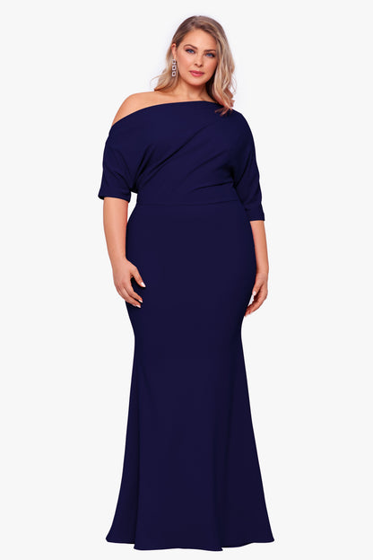 Betsy & Adam Plus “Madeline” Scuba Crepe Off The Shoulder Dress - Navy