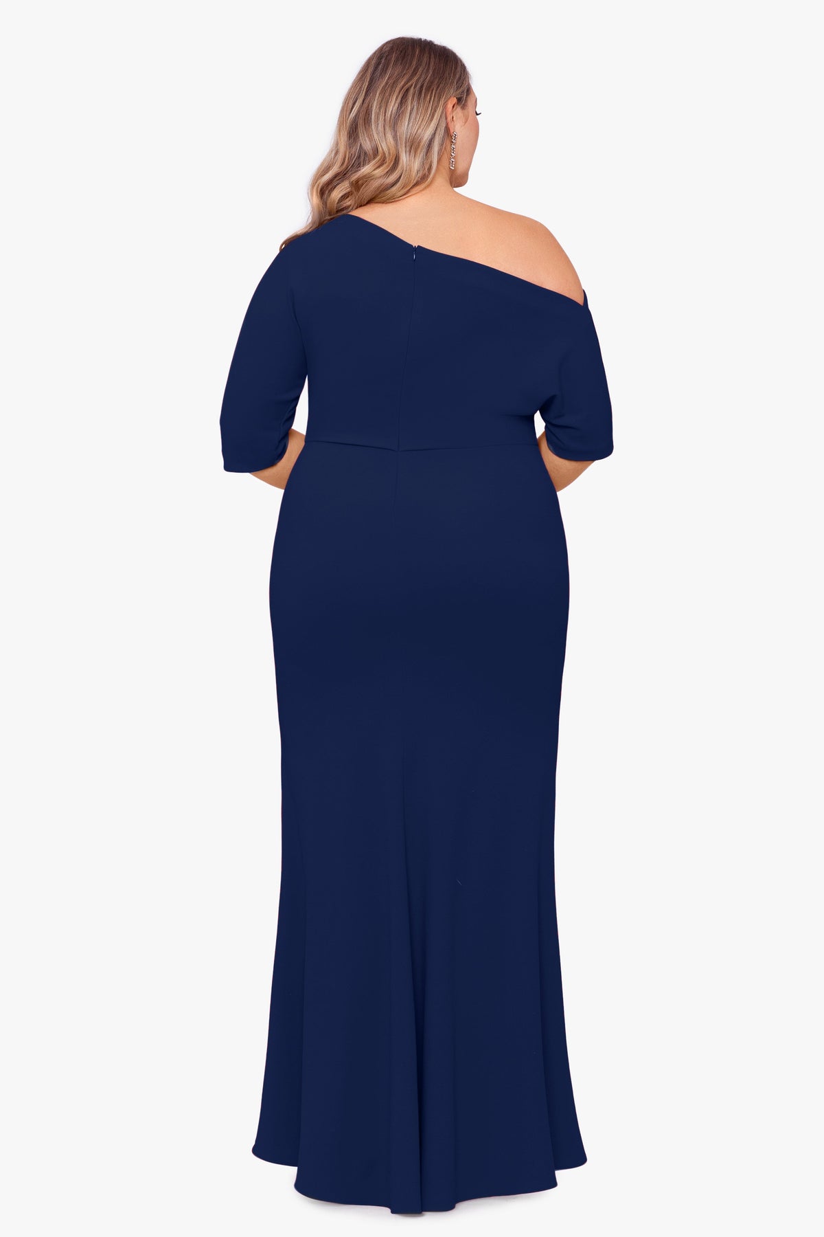 Betsy & Adam Plus “Madeline” Scuba Crepe Off The Shoulder Dress - Navy