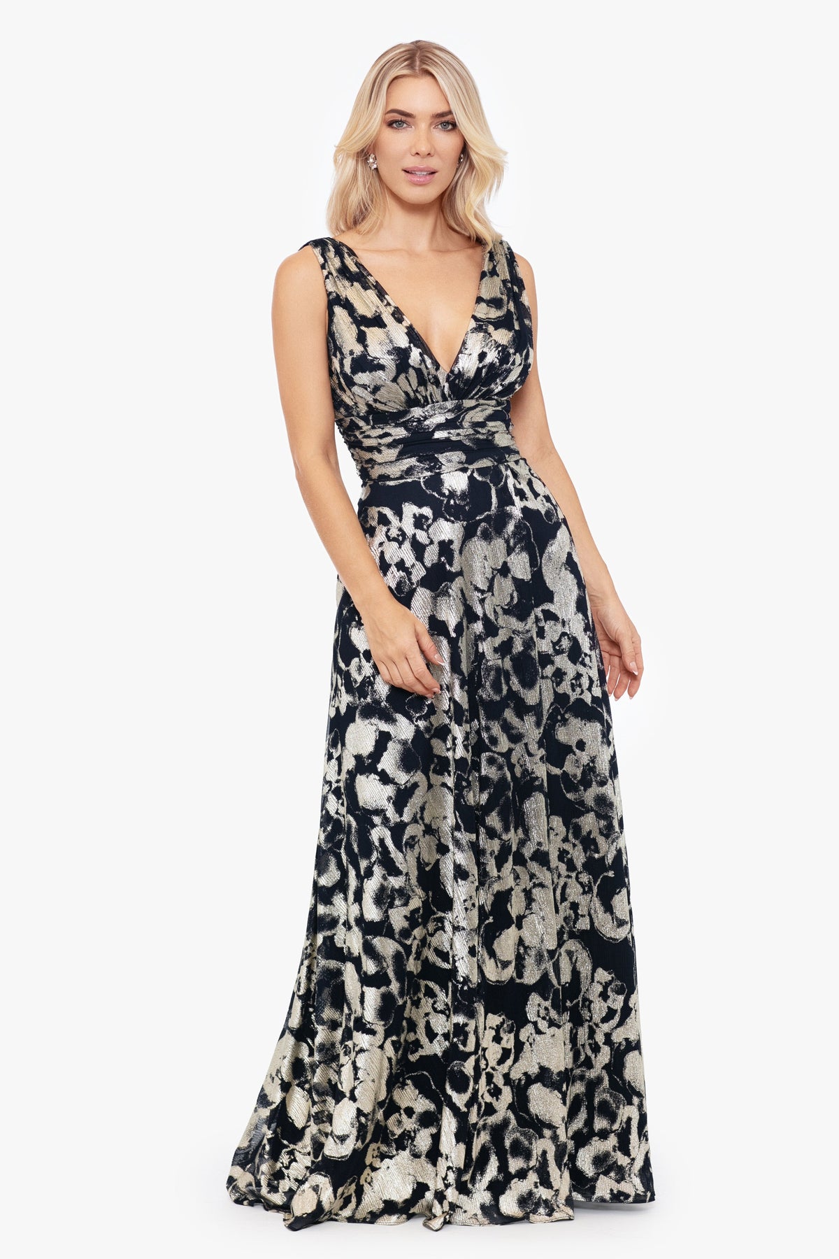 Betsy & Adam "Maria" Metallic V-Neck Dress - Navy/Gold