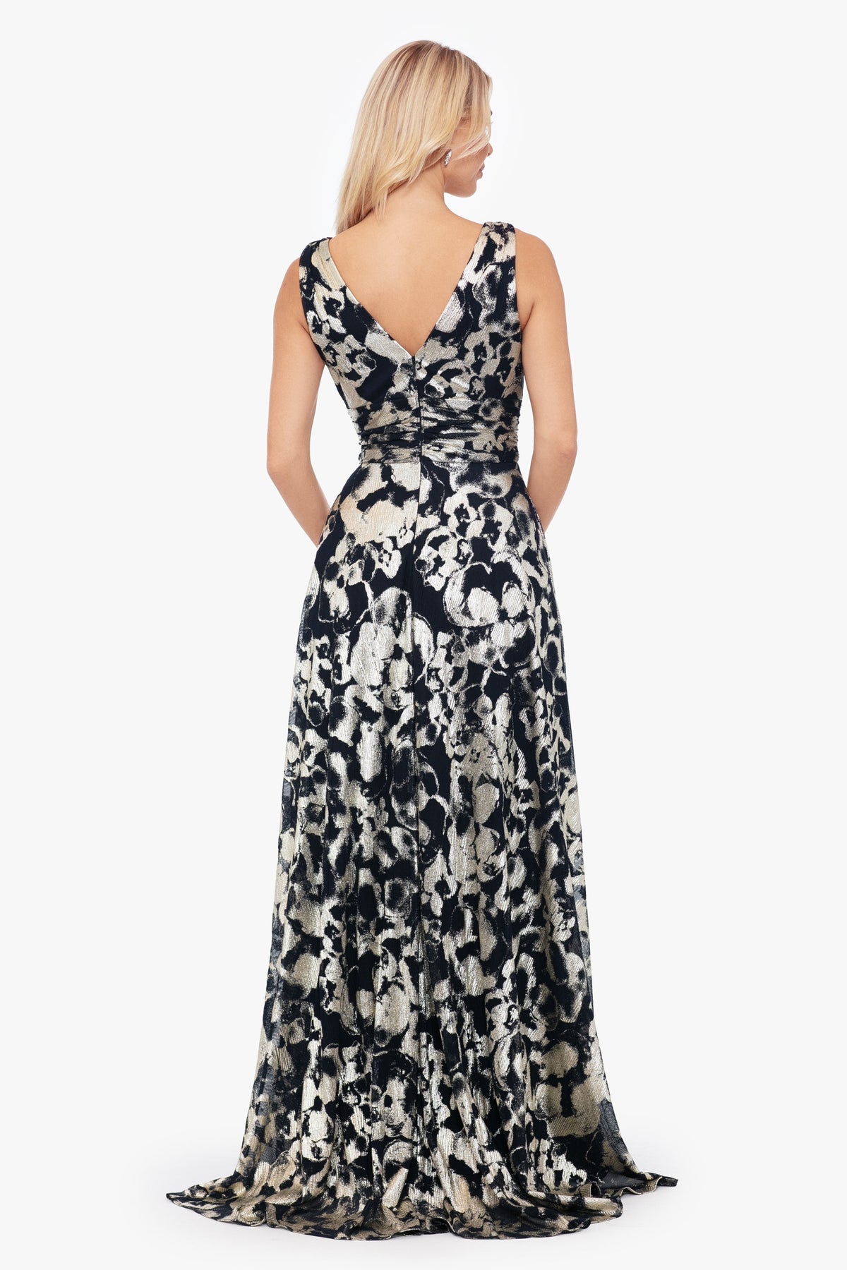 Betsy & Adam "Maria" Metallic V-Neck Dress - Navy/Gold