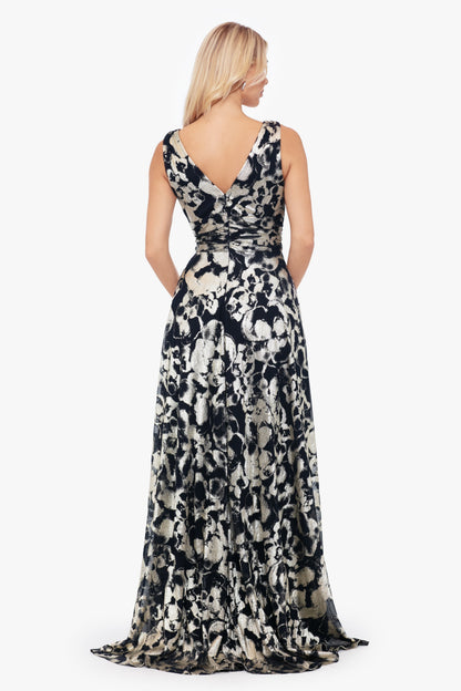Betsy & Adam "Maria" Metallic V-Neck Dress - Navy/Gold