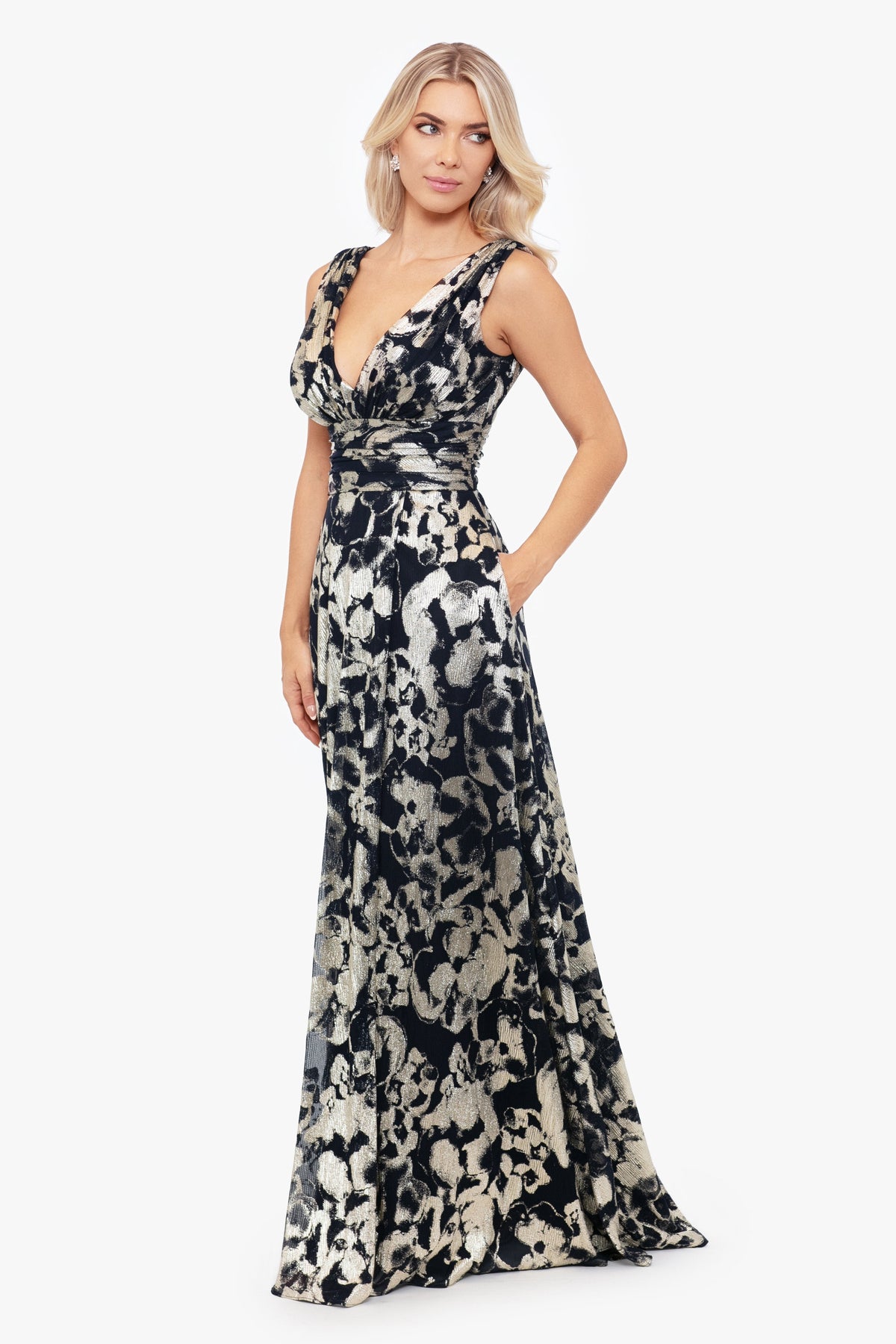 Betsy & Adam "Maria" Metallic V-Neck Dress - Navy/Gold