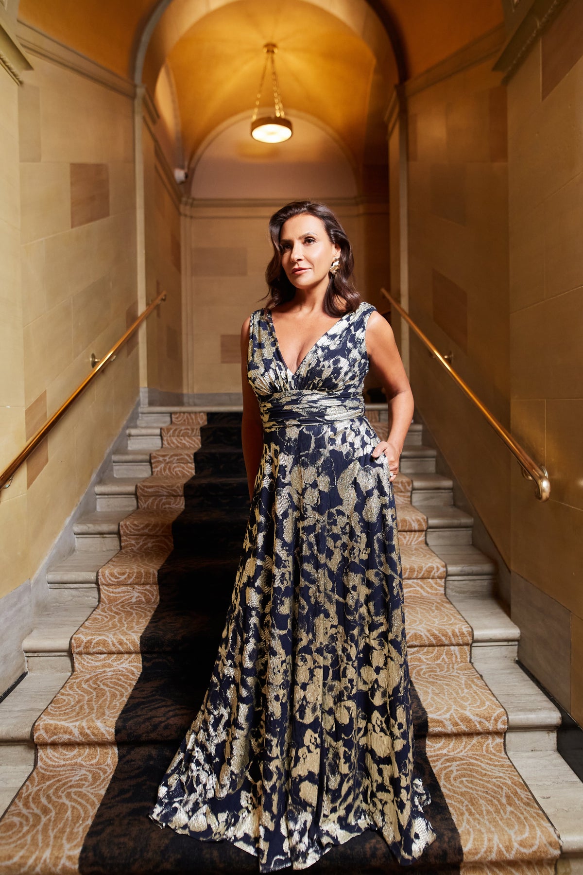 Betsy & Adam "Maria" Metallic V-Neck Dress - Navy/Gold