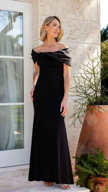Betsy & Adam "Michelle" Scuba Crepe Off the Shoulder Taffeta Trim Dress - Black