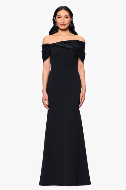 Betsy & Adam "Michelle" Scuba Crepe Off the Shoulder Taffeta Trim Dress - Black