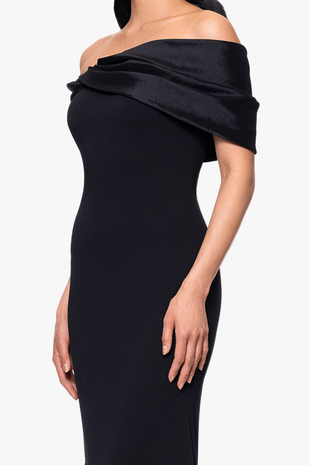 Betsy & Adam "Michelle" Scuba Crepe Off the Shoulder Taffeta Trim Dress - Black