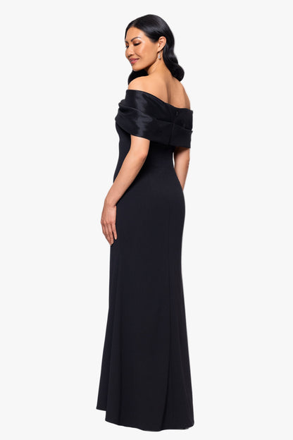 Betsy & Adam "Michelle" Scuba Crepe Off the Shoulder Taffeta Trim Dress - Black