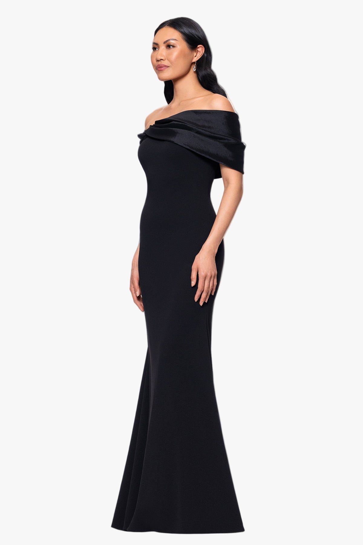 Betsy & Adam "Michelle" Scuba Crepe Off the Shoulder Taffeta Trim Dress - Black