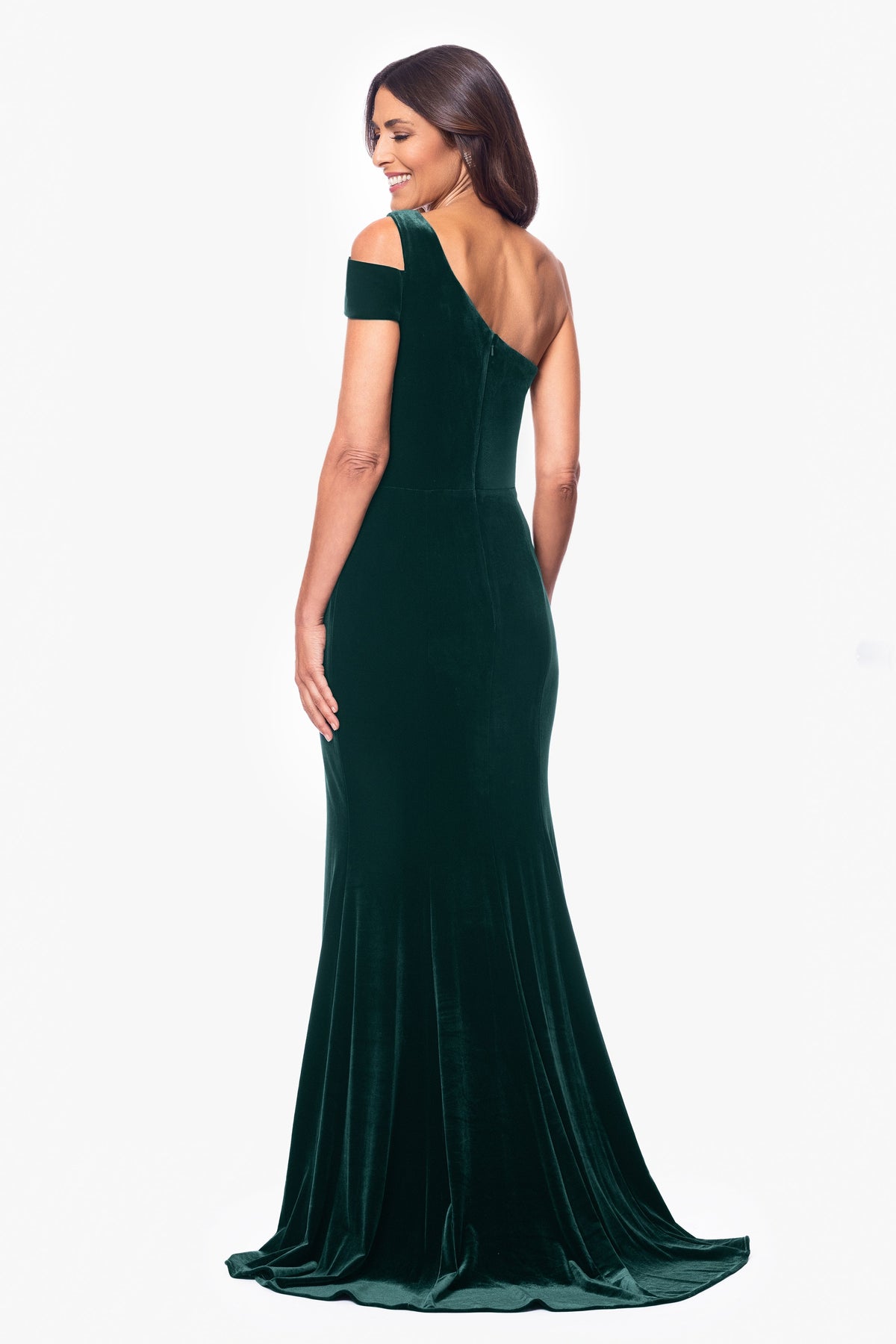 Betsy & Adam "Ella" Velvet One Shoulder Dress - Hunter