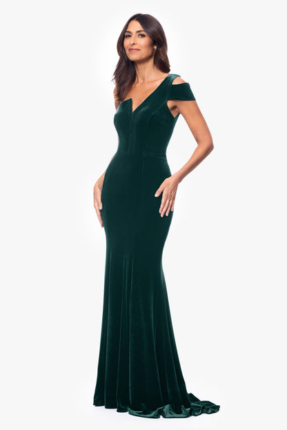 Betsy & Adam "Ella" Velvet One Shoulder Dress - Hunter