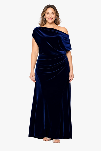 Betsy & Adam Plus "Evie" Velvet Off The Shoulder Asymmetrical Dress - Navy