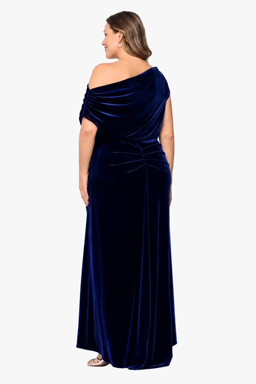 Betsy & Adam Plus "Evie" Velvet Off The Shoulder Asymmetrical Dress - Navy