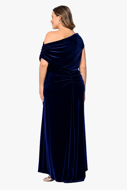 Betsy & Adam Plus "Evie" Velvet Off The Shoulder Asymmetrical Dress - Navy