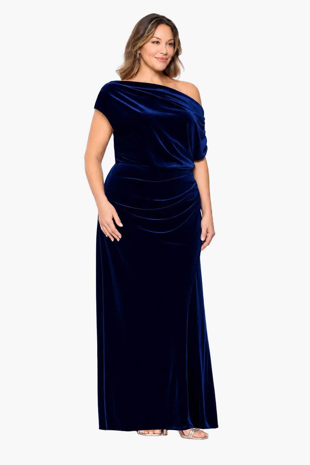 Betsy & Adam Plus "Evie" Velvet Off The Shoulder Asymmetrical Dress - Navy