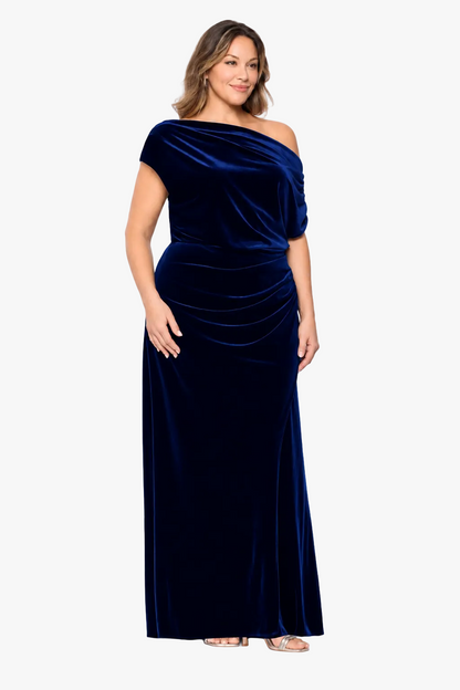 Betsy & Adam Plus "Evie" Velvet Off The Shoulder Asymmetrical Dress - Navy