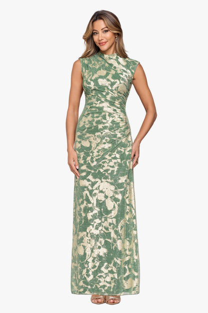 Betsy & Adam Petite "Cory" Metallic Print Ruched Dress - Matcha/Gold