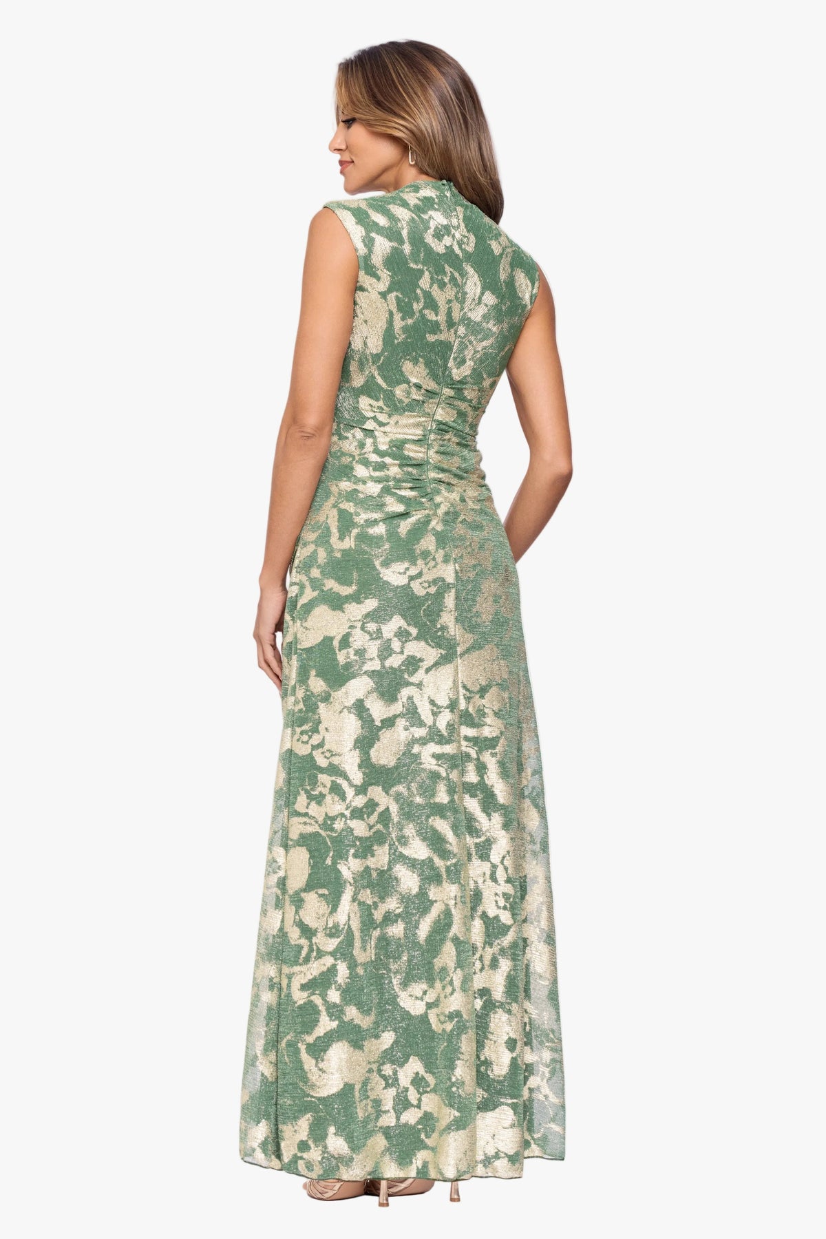 Betsy & Adam Petite "Cory" Metallic Print Ruched Dress - Matcha/Gold