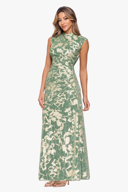 Betsy & Adam Petite "Cory" Metallic Print Ruched Dress - Matcha/Gold