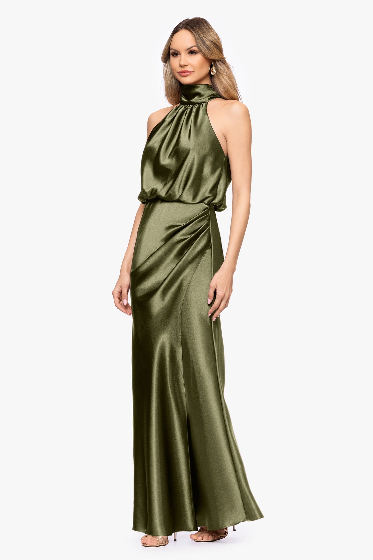 Betsy & Adam Petite "Tara" Satin Tie Neck Dress - Olive