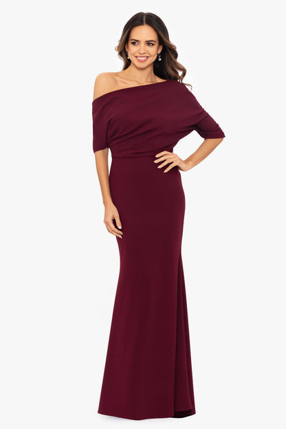 Betsy & Adam “Madeline” Scuba Crepe Off The Shoulder Dress - Bordeaux
